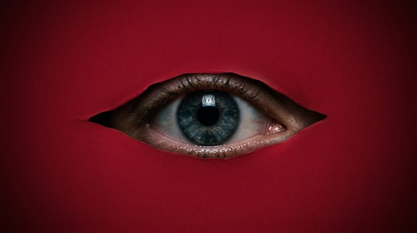 Ojo azul mirando a través de una abertura en una tela roja